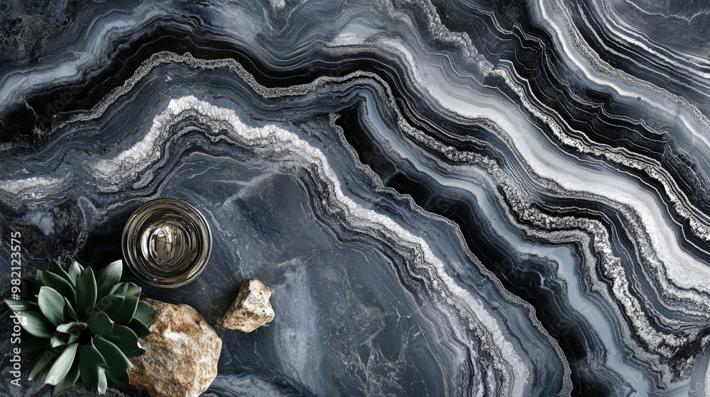 Fototapeta premium A sleek black and grey liquid marble pattern with bold silver accents running fluidly through the design, offering a modern, high-end aesthetic.