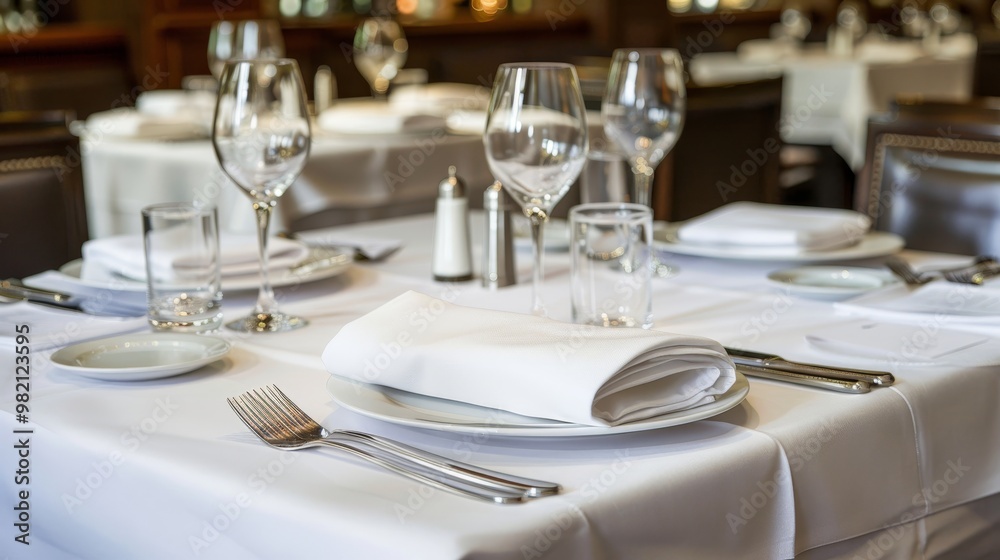 Elegant Fine Dining Restaurant Table Setting with Wine Glasses, Folded Napkin, Polished Silverware Elegant Fine Dining Restaurant Table Setting with Wine Glasses, Folded Napkin, Polished Silverware