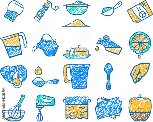 cook instruction for prepare food doodle icons set vector. sketch line art pepper and salt, milk and sugar add, adding olive oil and water dish, lemon juice and spice instruction color illustrations