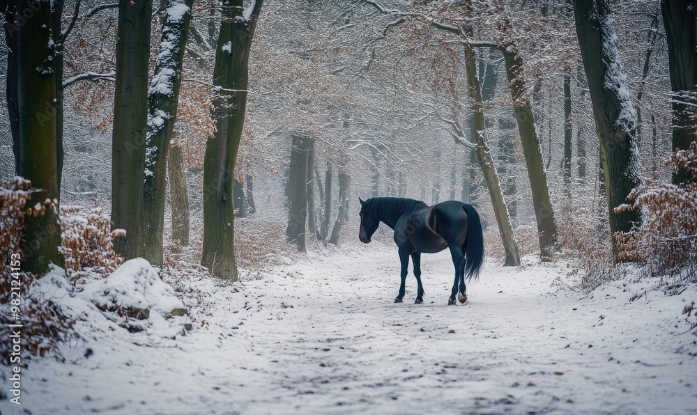 A black horse is standing in the snow in a forest A black horse is standing in the snow in a forest
