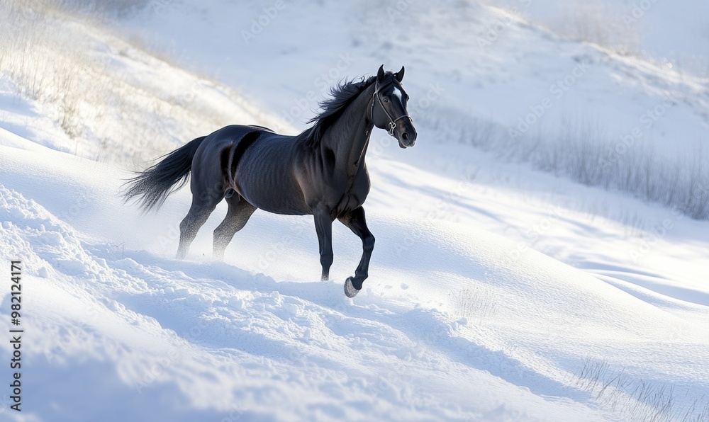 A black horse is running through the snow A black horse is running through the snow