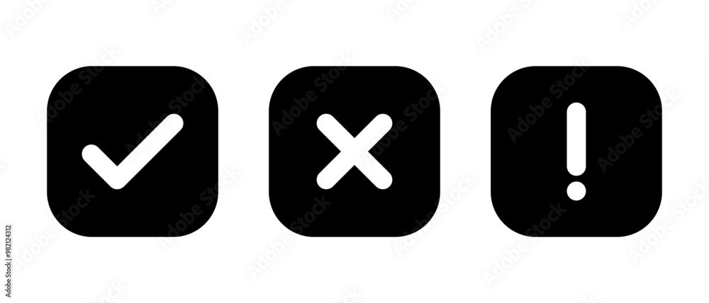 Tick, cross mark and exclamation mark icon on black square. Checkmark, x, and warning sign symbol Tick, cross mark and exclamation mark icon on black square. Checkmark, x, and warning sign symbol