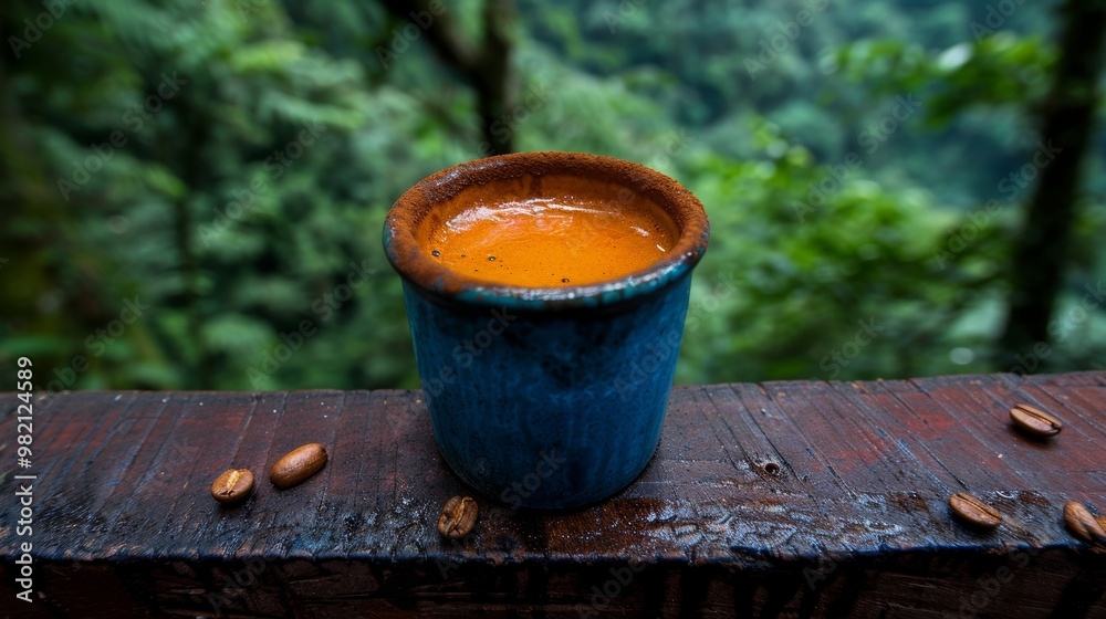 Warm coffee cup on rustic wooden table against a blurred dark green nature backdrop Warm coffee cup on rustic wooden table against a blurred dark green nature backdrop