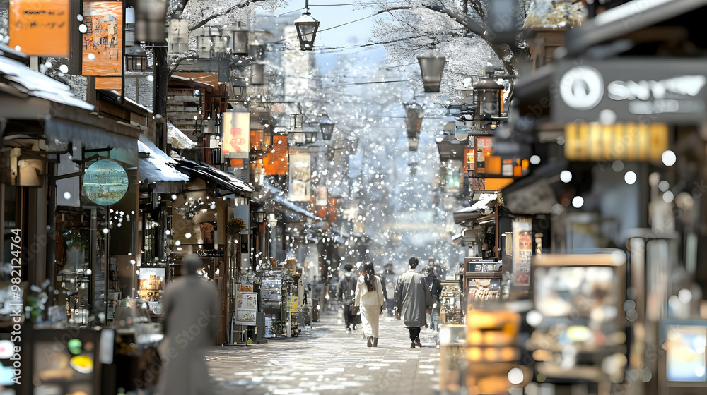 Snowy Day in a Quaint Street Lined with Shops and People Walking Underneath String Lights Snowy Day in a Quaint Street Lined with Shops and People Walking Underneath String Lights