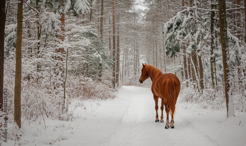 A horse is walking through a snowy forest