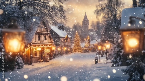 Charming winter village scene with snow, glowing lanterns, and festive decorations, capturing the essence of a serene holiday season.