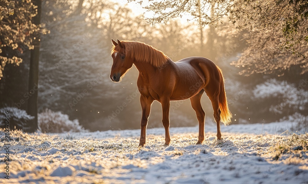 A horse standing in the snow with its head down A horse standing in the snow with its head down