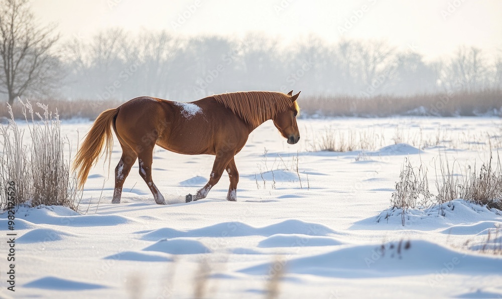 A brown horse is walking through a snowy field A brown horse is walking through a snowy field