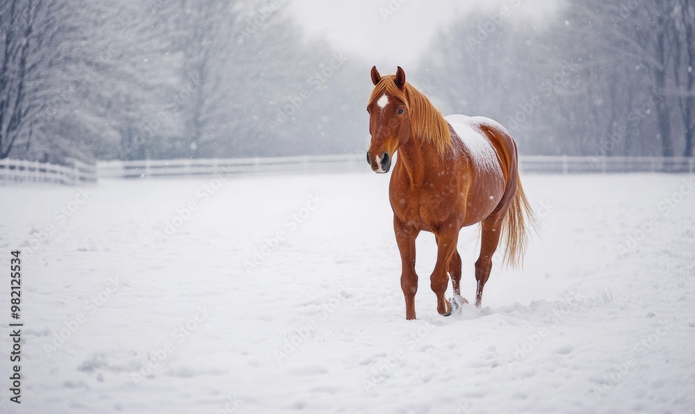 A brown horse is walking through the snow in a field A brown horse is walking through the snow in a field