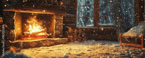 Cozy winter scene with a warm fireplace, snow falling outside, and a serene atmosphere perfect for relaxation. photo