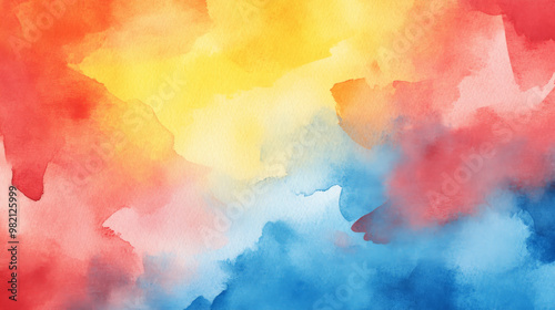 A colorful watercolor abstract background with bright shades of red, yellow, and blue, forming bold and dynamic shapes for a playful, expressive effect.