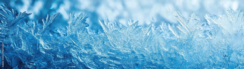 Fototapeta premium Beautiful close-up of frost patterns on a window, showcasing intricate ice crystals and a stunning blue background.