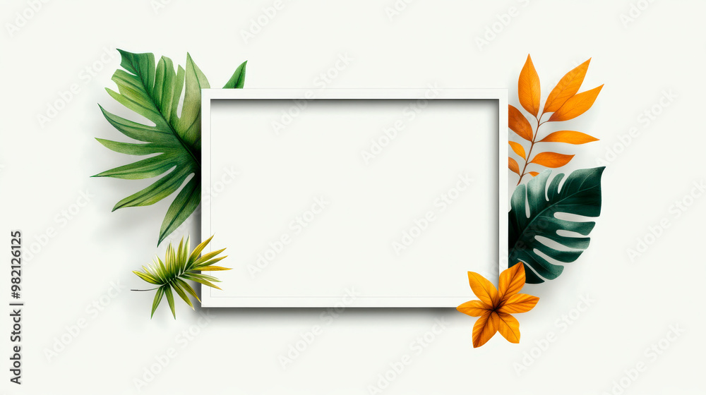 Fototapeta premium A vibrant, tropical frame featuring colorful leaves and flowers, perfect for adding a fresh touch to any design or presentation.