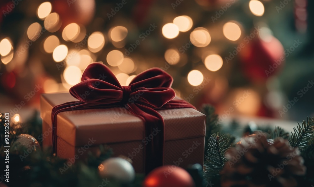 A red bow is tied around a brown box, which is sitting on a Christmas tree