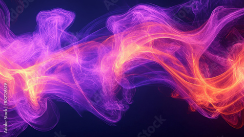 Vibrant, swirling trails of neon purple and bright orange smoke create a high-energy abstract background with fluid, dynamic forms.