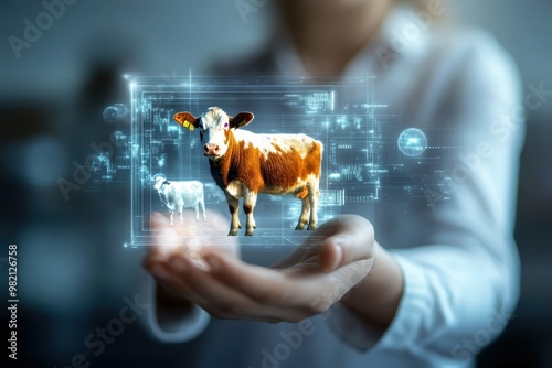 Hologram of a farm animal from livestock industry in womans hands