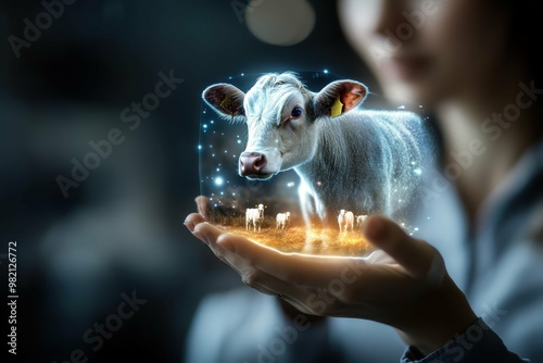 Hologram of a farm animal from livestock industry in womans hands photo