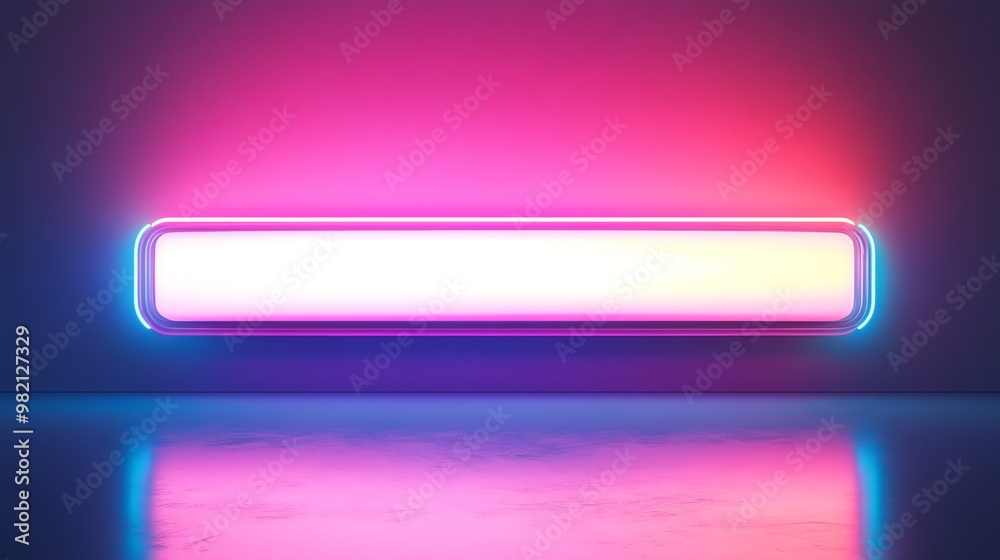 Bright neon sign on a wall with a pink and blue light reflection on the floor. Bright neon sign on a wall with a pink and blue light reflection on the floor.
