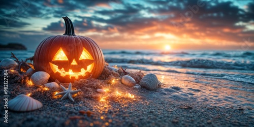 Pumpkin Jack-o-lantern on sunset beach. Nautical Halloween theme and Thanksgiving day on sunset beach background. Autumn travel and vacation concept cards, invitations photo