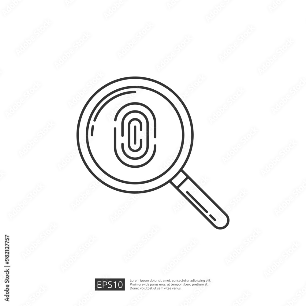 Fingerprint under magnifying glass, icon design for security, identification, biometric authentication. Black and white outline vector illustration isolated on white background. Fingerprint under magnifying glass, icon design for security, identification, biometric authentication. Black and white outline vector illustration isolated on white background.