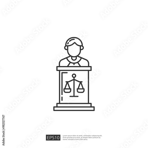 Judge standing behind a podium with a scale of justice on it. Legal, law and court icon.