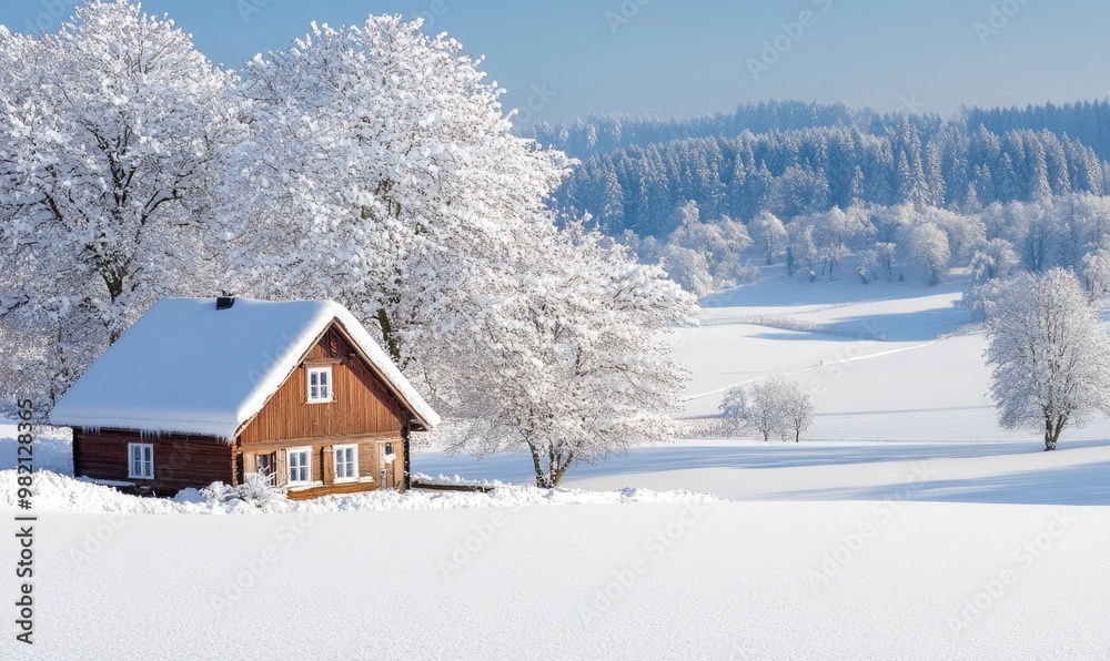 A small cabin is surrounded by snow and trees A small cabin is surrounded by snow and trees