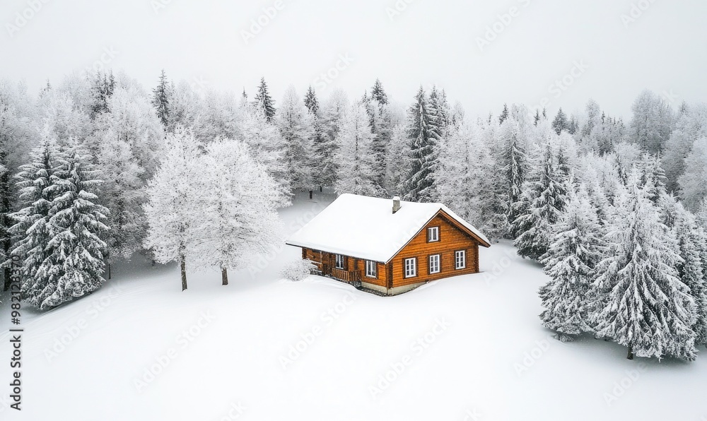 A small cabin is surrounded by trees covered in snow A small cabin is surrounded by trees covered in snow