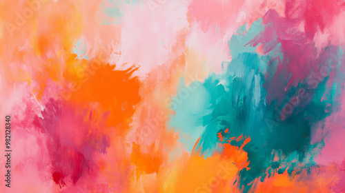 Bright and bold watercolor oil painting in neon shades of orange, pink, and teal, with energetic brushstrokes forming a lively, abstract texture. photo