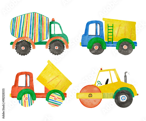 Beautiful vector childish set with hand drawn watercolor kid toys illustrations. Construction equipment concrete mixer dump truck excavator tractor clip art.