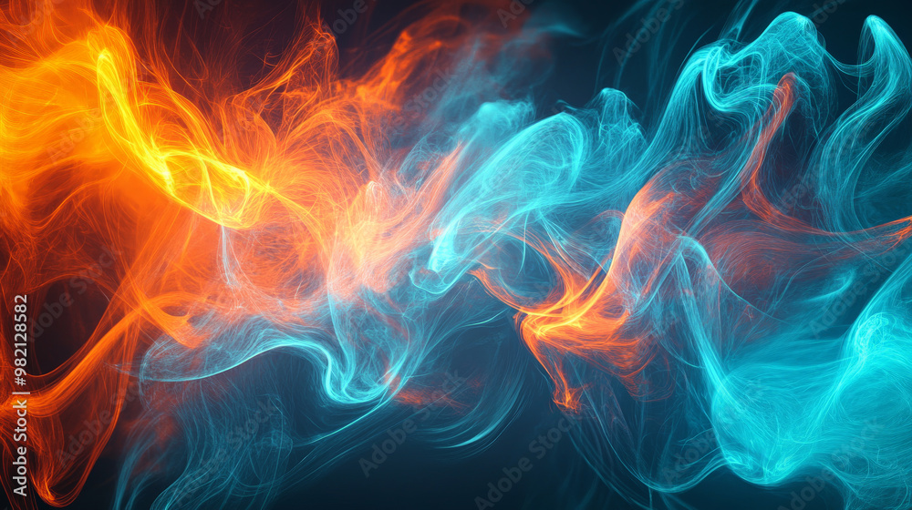 Bright streaks of neon orange and cyan smoke twist and swirl dynamically, creating an energetic abstract background with vibrant, flowing colors. Bright streaks of neon orange and cyan smoke twist and swirl dynamically, creating an energetic abstract background with vibrant, flowing colors.