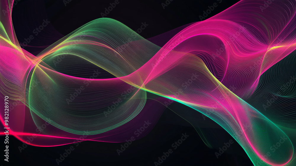 Obraz premium Abstract background with thin, colorful lines in neon pink and green, flowing and intertwining on a black background to create a dynamic look.