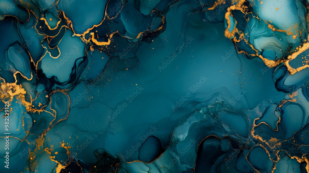 Naklejka premium Alcohol ink liquid art featuring deep teal and gold accents, with swirling marbled textures and intricate fluid shapes.
