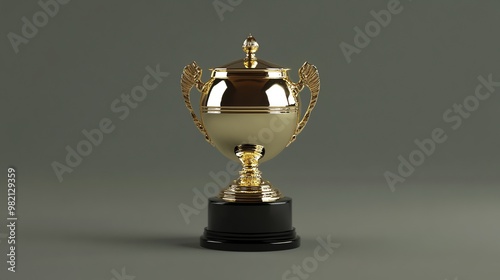 Shiny gold trophy with black base on a grey background. photo