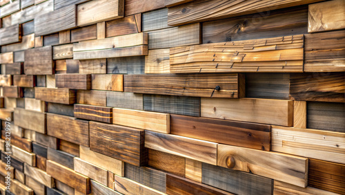 Close-up of a wall constructed with reclaimed wood panels, rich textures and natural grain patterns, soft daylight highlighting the material's eco-friendly and rustic appeal