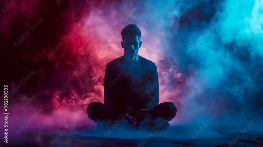 Man Meditating in a Vivid Mist - Spiritual Journey in Colorful Smoke, Contemplation and Mindfulness Man Meditating in a Vivid Mist - Spiritual Journey in Colorful Smoke, Contemplation and Mindfulness