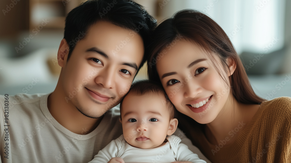 Tender moment between an Asian family, father mother and their baby at home smiling Tender moment between an Asian family, father mother and their baby at home smiling
