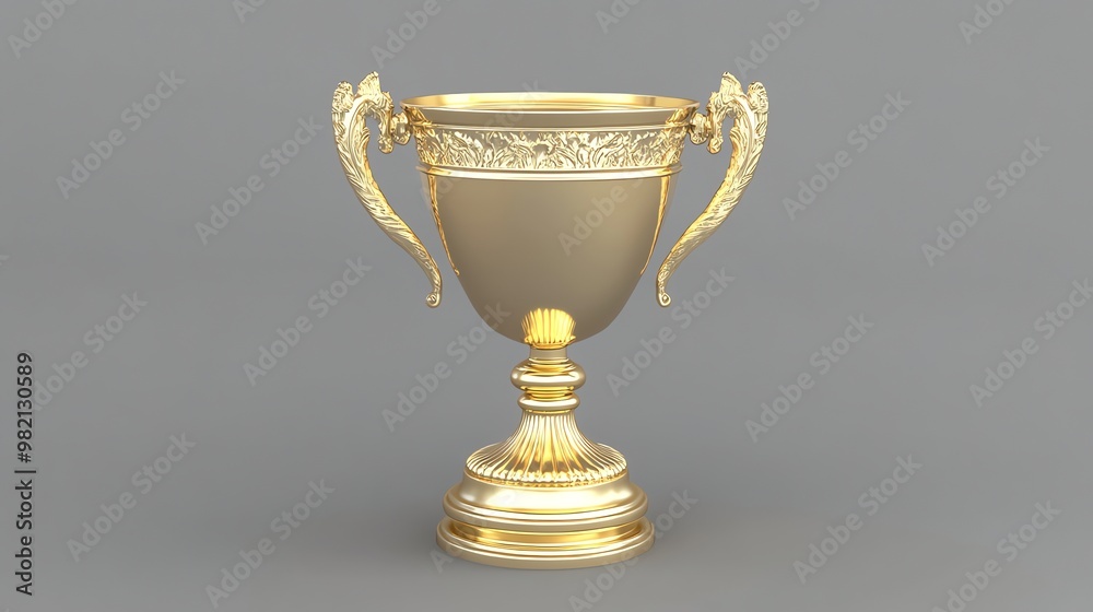 A golden trophy cup with ornate handles and base on a grey background. A golden trophy cup with ornate handles and base on a grey background.
