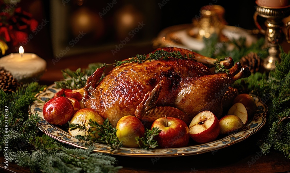 A large turkey is surrounded by apples and other fruit on a white plate A large turkey is surrounded by apples and other fruit on a white plate