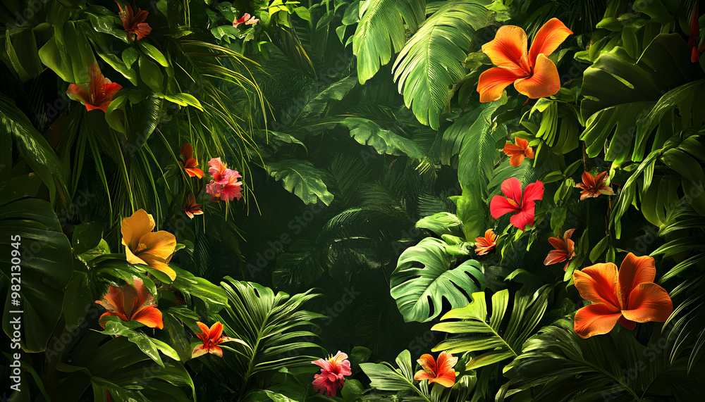 A lush jungle scene with vibrant green leaves and exotic flowers, bringing the warmth of the tropics to your screen A lush jungle scene with vibrant green leaves and exotic flowers, bringing the warmth of the tropics to your screen