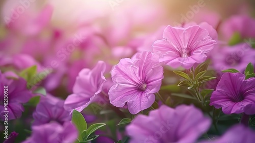 Vibrant purple petunia flower bed against a soft nature background for garden themed website banner