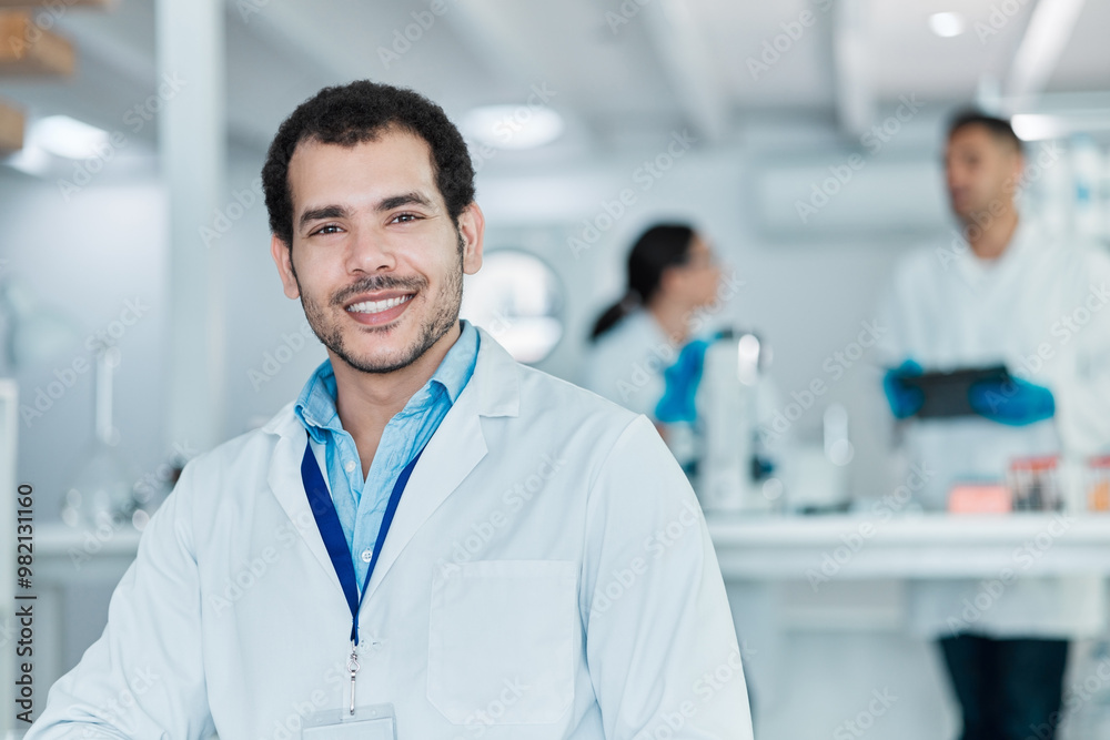 Man, portrait and smile in lab for science, chemical engineering and pharma production. Happy, scientist and pride in research facility for career, medical knowledge or medicine development in study Man, portrait and smile in lab for science, chemical engineering and pharma production. Happy, scientist and pride in research facility for career, medical knowledge or medicine development in study