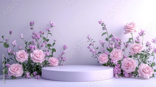 Podium background flower rose product pink 3d spring table beauty stand display nature white. Garden rose floral summer background podium cosmetic valentine Easter field scene gift purple day romantic