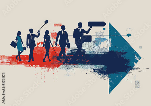 Business Team Moving Forward on Arrow Vector Illustration, Successful Group Leadership in Abstract Design, Goal Achievement and Direction Concept