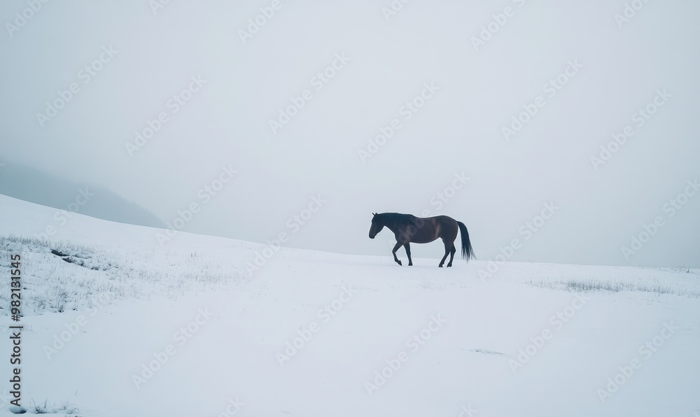 A horse is walking through a snowy field A horse is walking through a snowy field