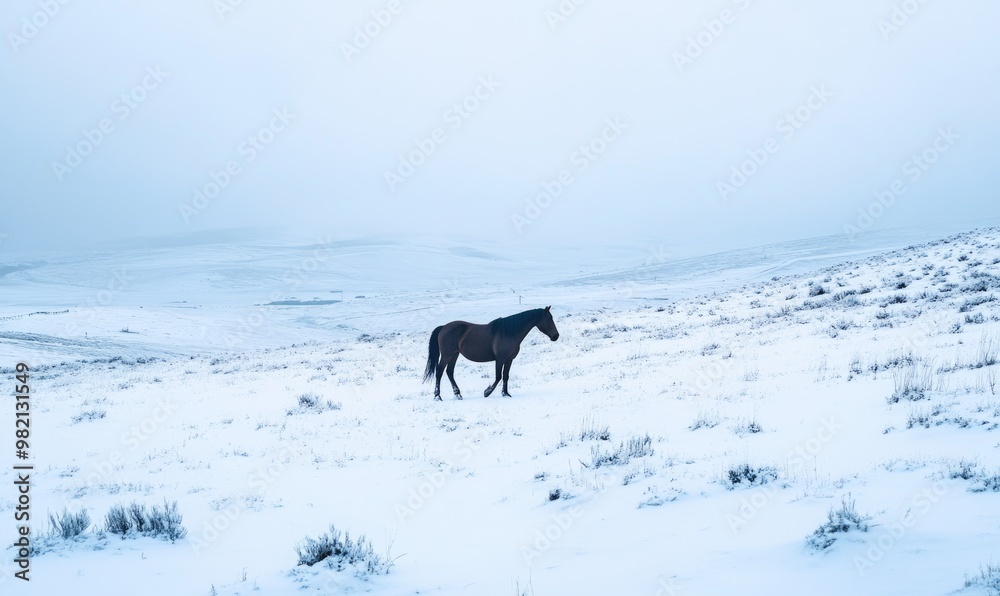 A horse is walking through a snowy field A horse is walking through a snowy field