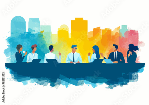 Illustrative Business Meeting with Speech Bubble - Teamwork Concept, Collaboration, Brainstorming Session with Urban Cityscape Background, Professional Discussion, Business Strategy Planning