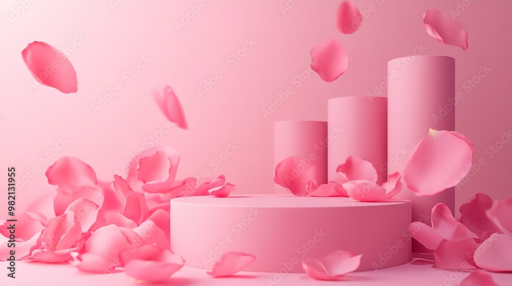 Pink podium with rose pink petals on pink background Pink podium with rose pink petals on pink background