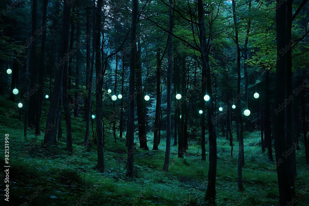 Fototapeta premium A dreamlike forest with trees that have glowing orbs instead of leaves