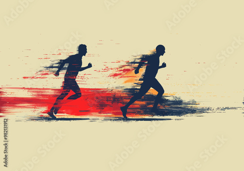 Silhouettes of Business Professionals Running Towards Success in Intense Competition, Minimalistic Vector Illustration, Dynamic Motion, Abstract Background, Morning Energy, Goal Achievement Concept