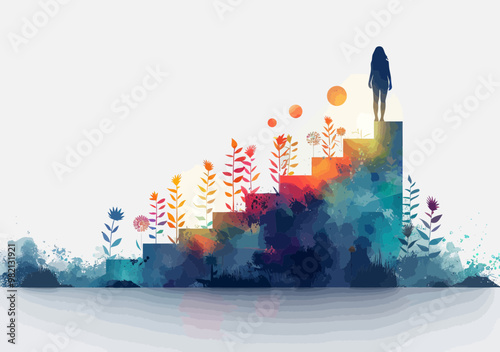 Woman standing on colorful staircase with plants growth symbolizing investment management, profit, and business growth, minimalistic vector illustration, abstract financial success concept